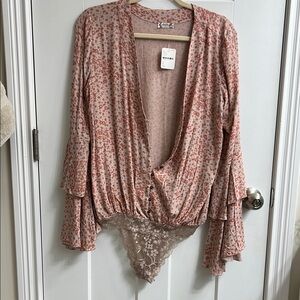 Free People Pink Bell Sleeve Bodysuit